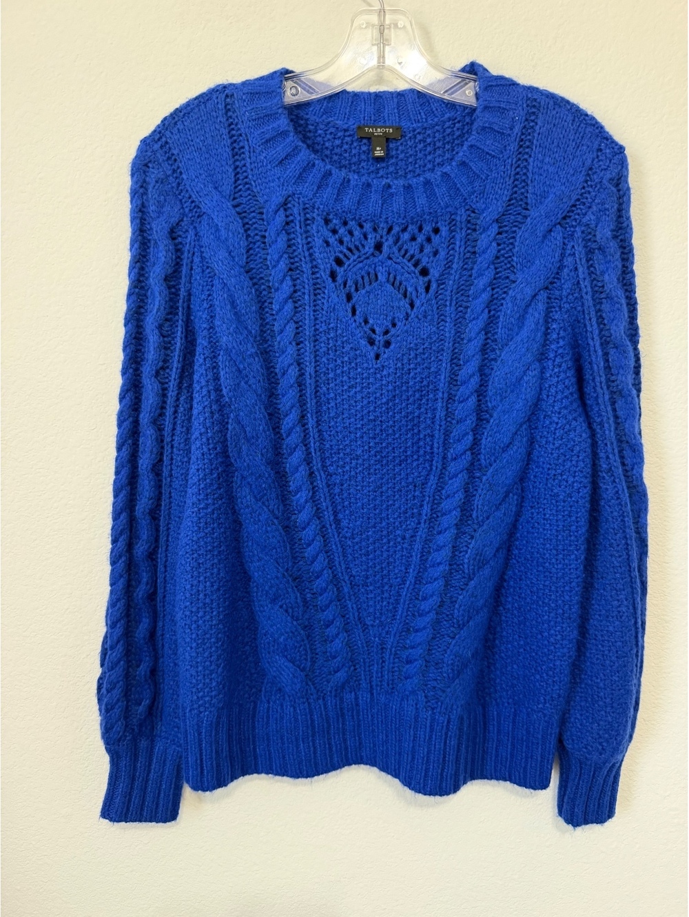 Talbots Long Sleeve Crew Neck Open Knit/Cable Knit Blue Sweater Size M Petite